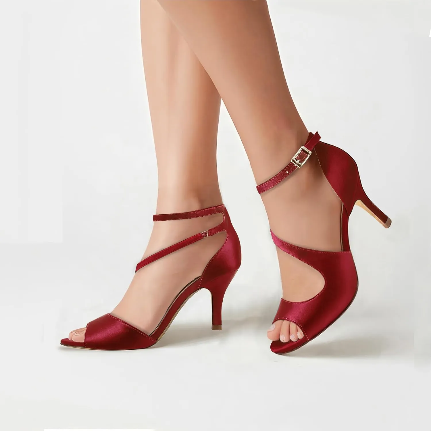 ELEGANTPARK High Heel Sandals for Women Peep Toe Ankle Straps Sandals Buckle Satin Evening Party Prom Wedding Bridal Shoes