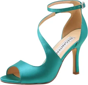 ELEGANTPARK High Heel Sandals for Women Peep Toe Ankle Straps Sandals Buckle Satin Evening Party Prom Wedding Bridal Shoes