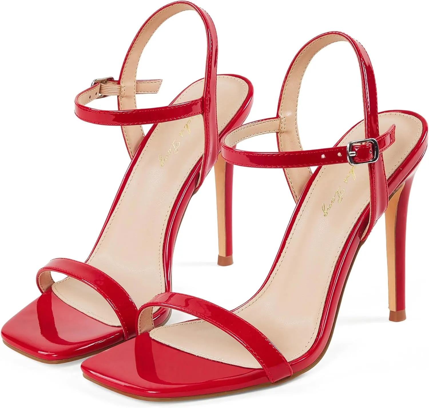 Elisabet Tang Women's High Heeled Sandals 4 Inch Strappy Sling Back Stiletto Open Square Toe Heels with Ankle Straps at Wedding Party Prom Work Dating