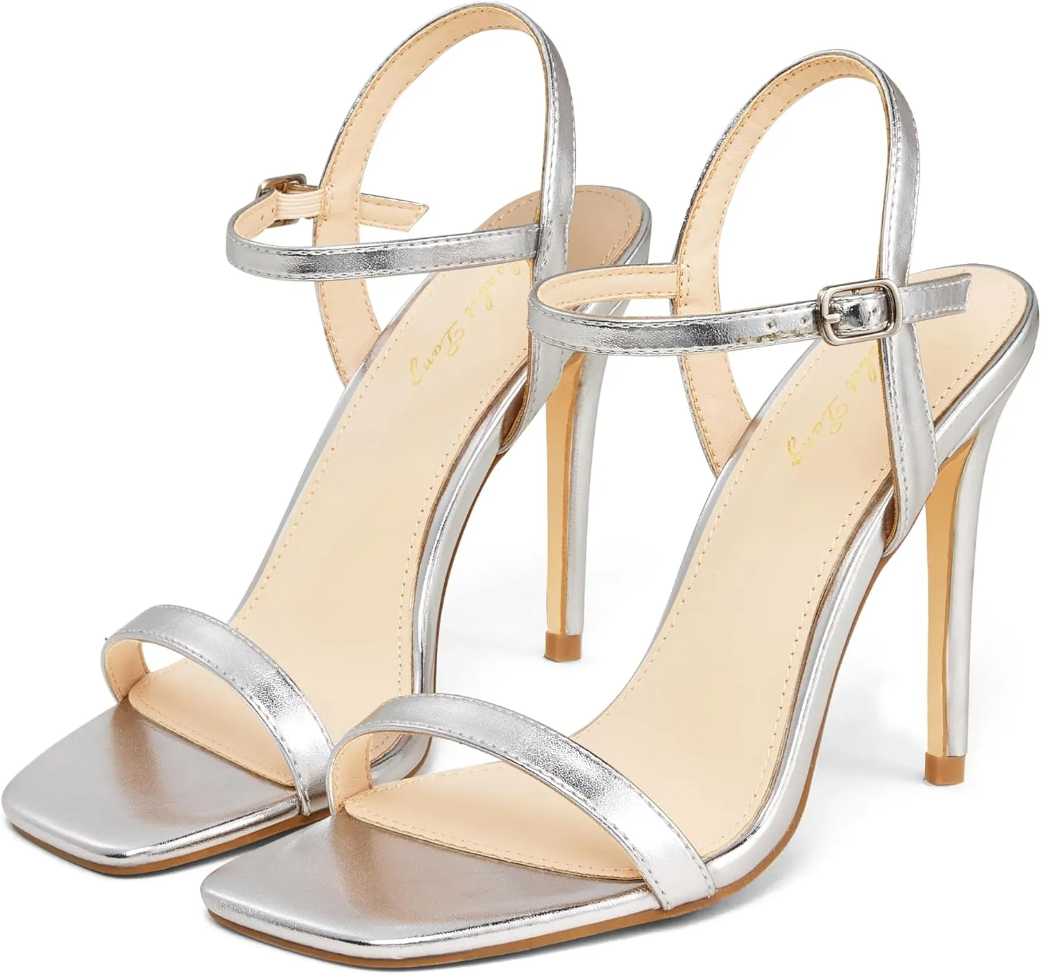 Elisabet Tang Women's High Heeled Sandals 4 Inch Strappy Sling Back Stiletto Open Square Toe Heels with Ankle Straps at Wedding Party Prom Work Dating