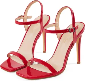 Elisabet Tang Women's High Heeled Sandals 4 Inch Strappy Sling Back Stiletto Open Square Toe Heels with Ankle Straps at Wedding Party Prom Work Dating