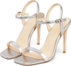 Elisabet Tang Women's High Heeled Sandals 4 Inch Strappy Sling Back Stiletto Open Square Toe Heels with Ankle Straps at Wedding Party Prom Work Dating