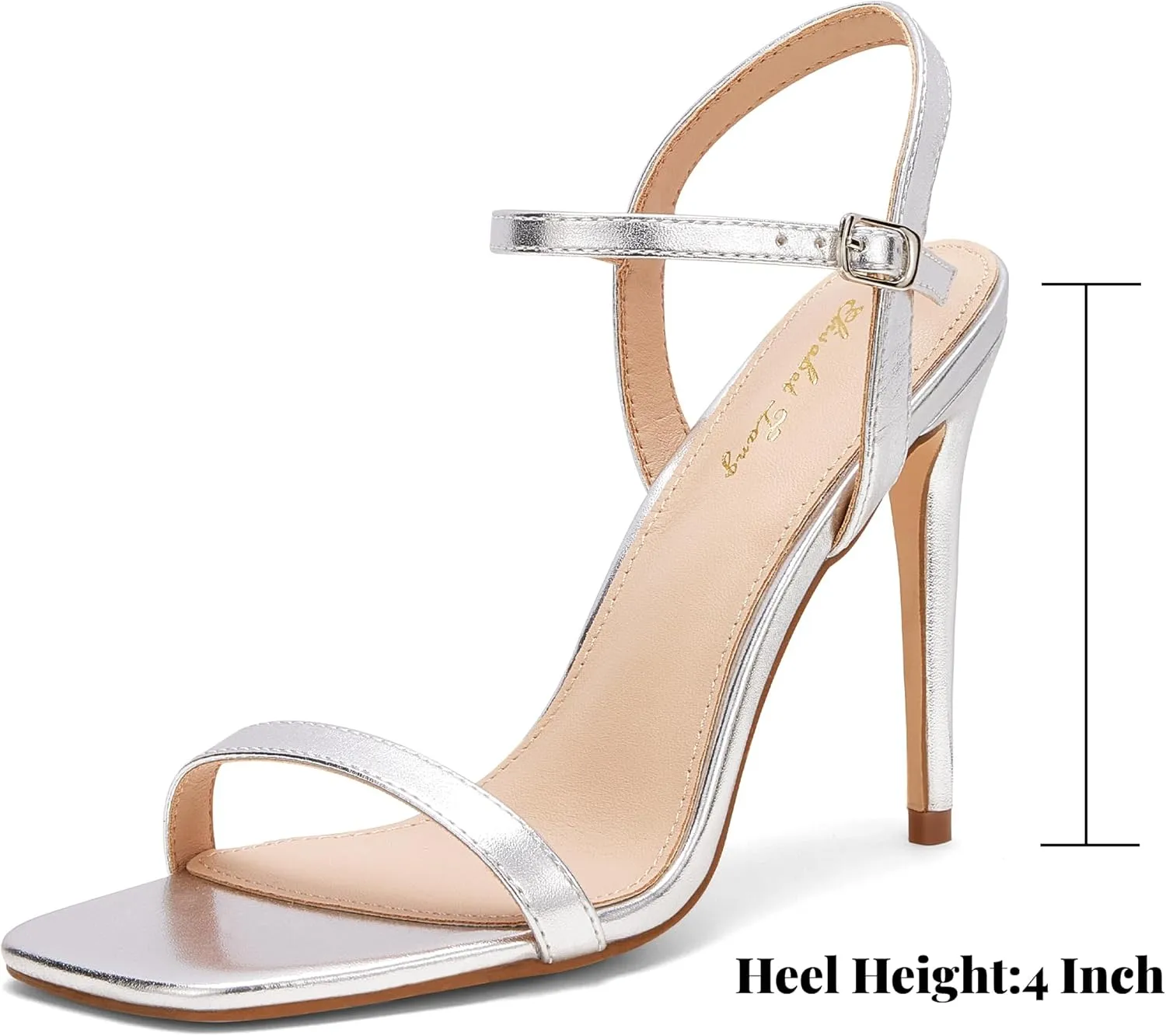 Elisabet Tang Women's High Heeled Sandals 4 Inch Strappy Sling Back Stiletto Open Square Toe Heels with Ankle Straps at Wedding Party Prom Work Dating