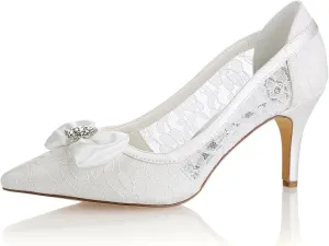 Emily Bridal Lace Wedding Shoes Ivory Pointed Toe Bow Rhinestones Slip on Bridal Shoes