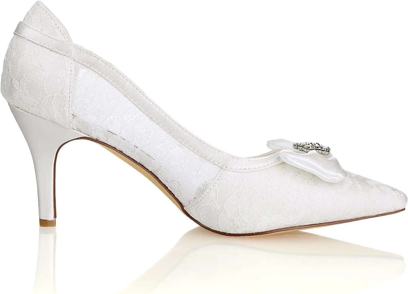 Emily Bridal Lace Wedding Shoes Ivory Pointed Toe Bow Rhinestones Slip on Bridal Shoes