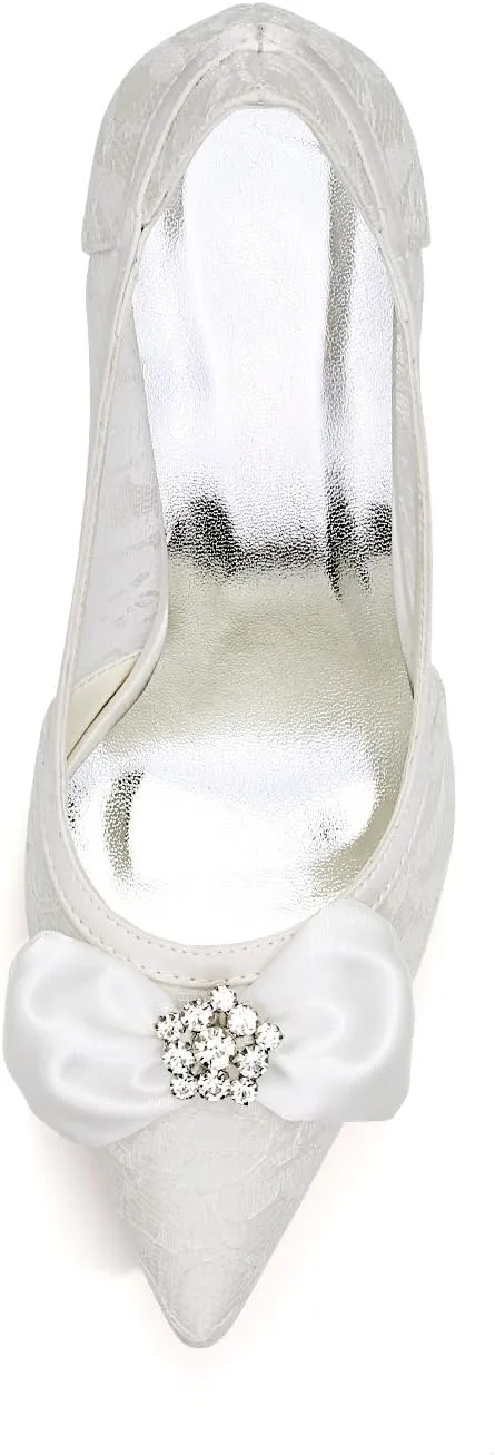 Emily Bridal Lace Wedding Shoes Ivory Pointed Toe Bow Rhinestones Slip on Bridal Shoes