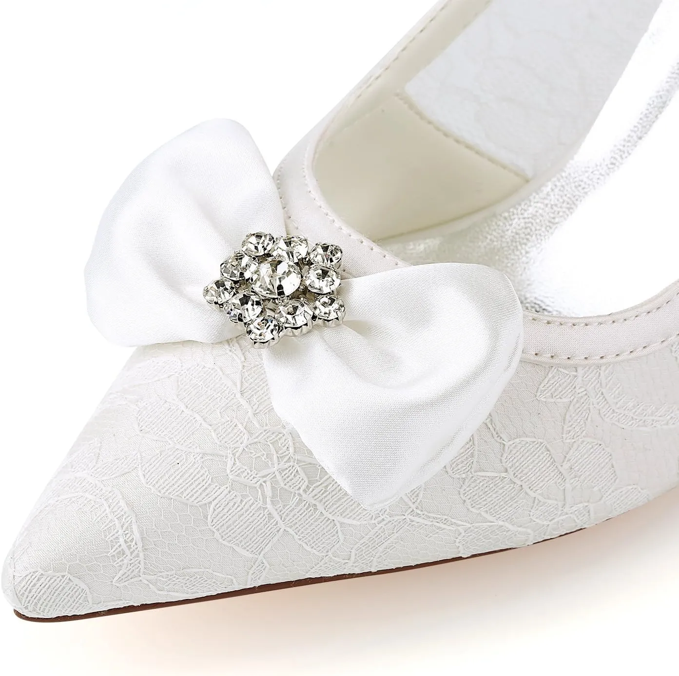 Emily Bridal Lace Wedding Shoes Ivory Pointed Toe Bow Rhinestones Slip on Bridal Shoes