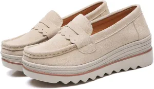 EnllerviiD Women's Platform Loafers Slip-On Comfortable Suede Moccasins Wedge Penny Loafers Casual Business Work Shoes
