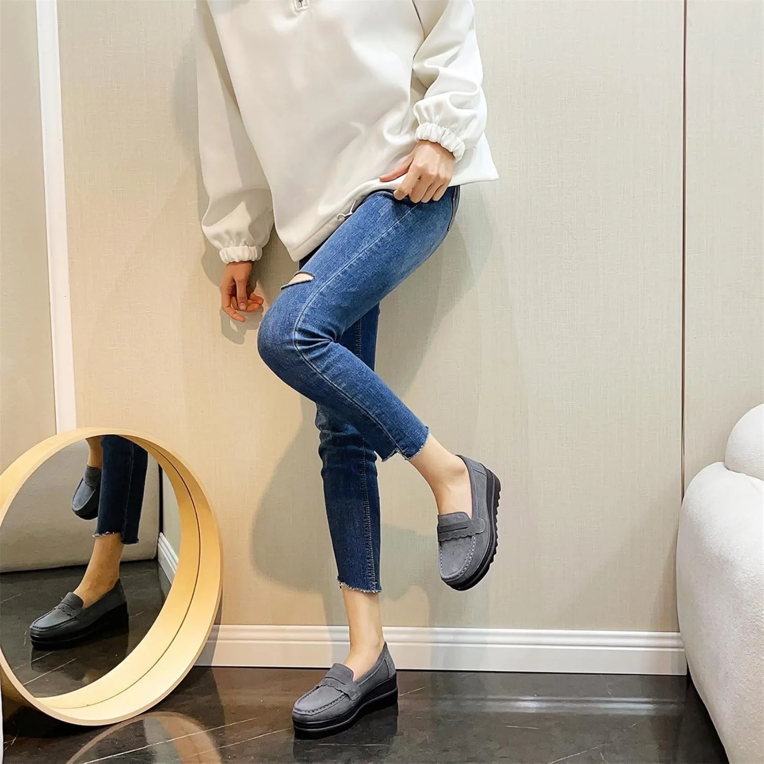 EnllerviiD Women's Platform Loafers Slip-On Comfortable Suede Moccasins Wedge Penny Loafers Casual Business Work Shoes