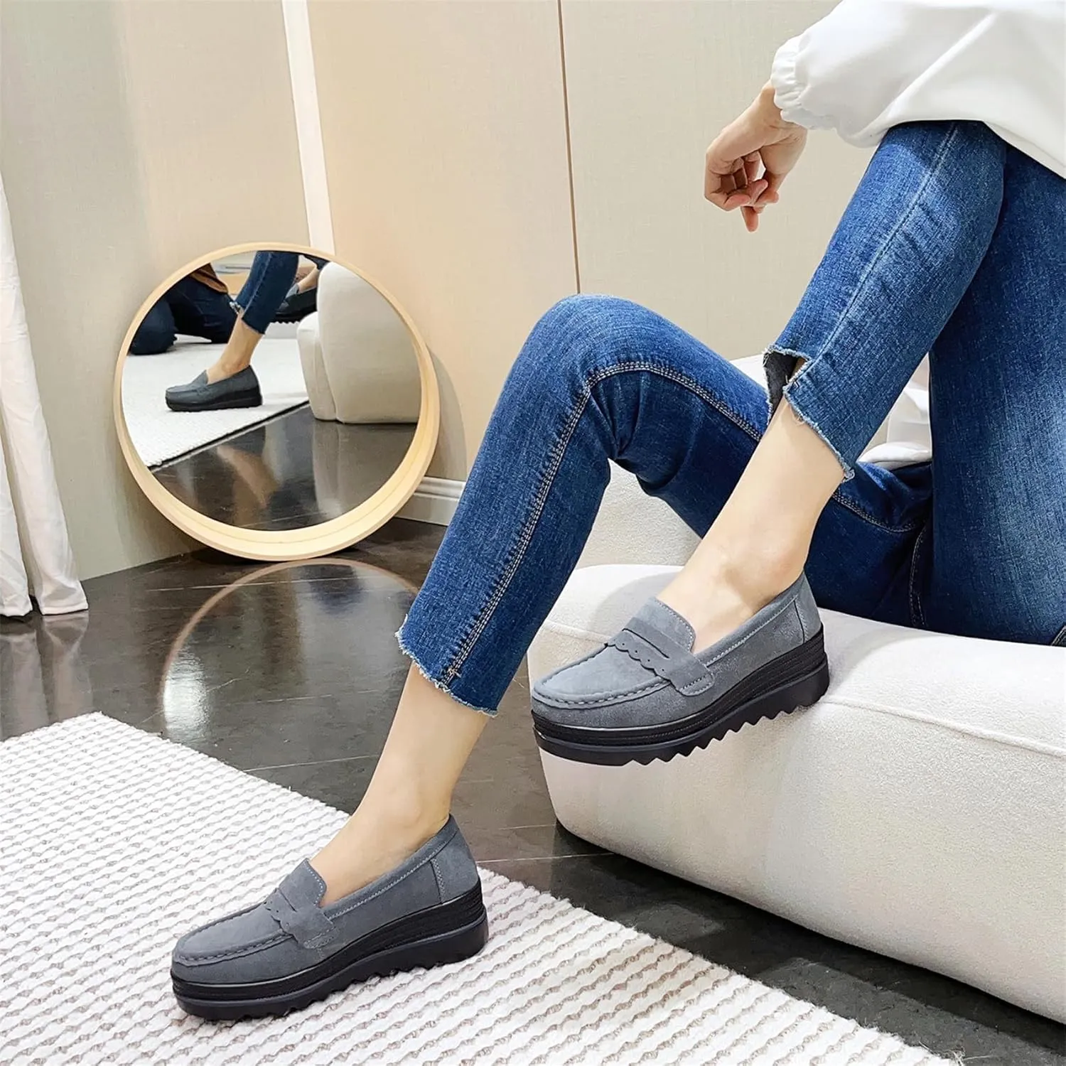EnllerviiD Women's Platform Loafers Slip-On Comfortable Suede Moccasins Wedge Penny Loafers Casual Business Work Shoes