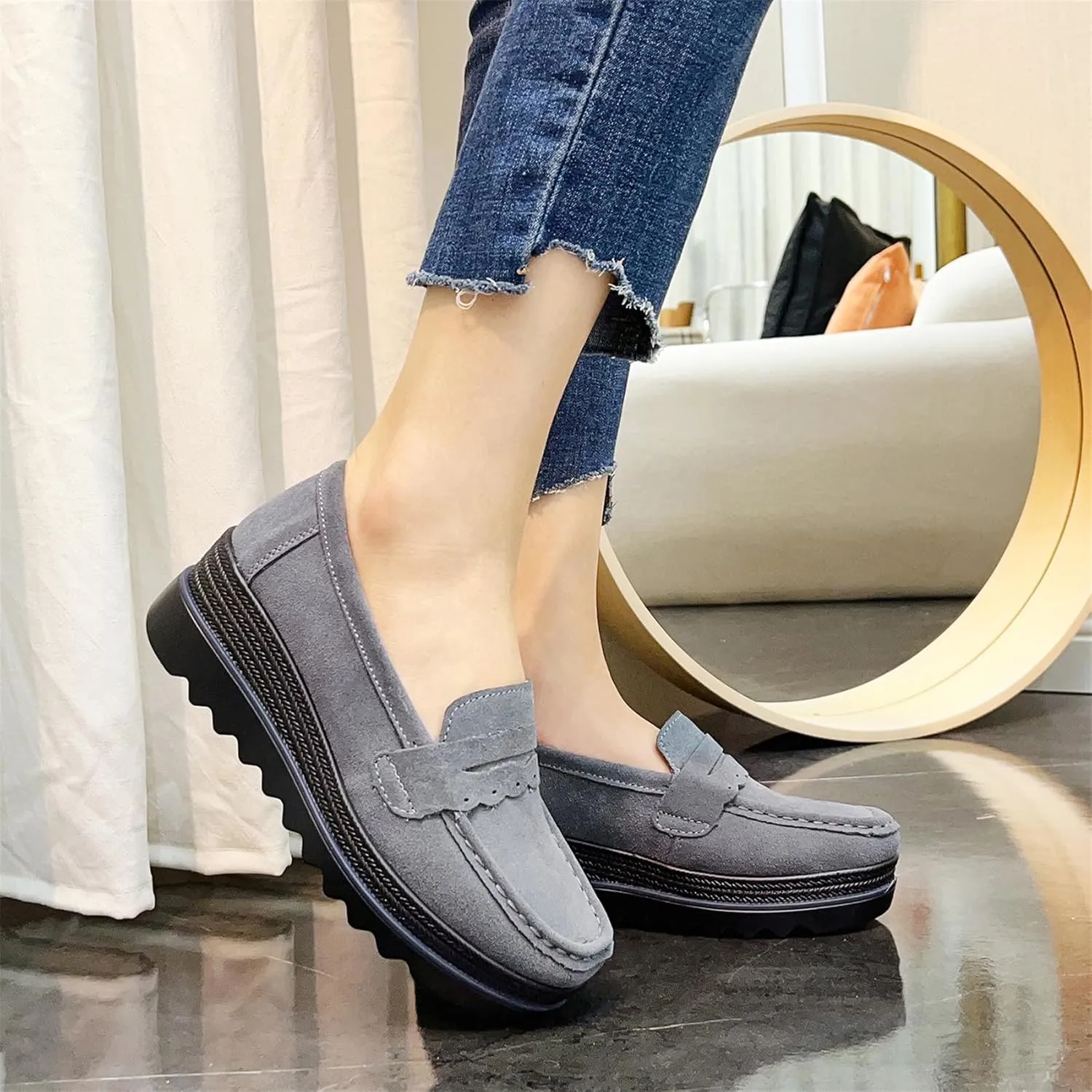 EnllerviiD Women's Platform Loafers Slip-On Comfortable Suede Moccasins Wedge Penny Loafers Casual Business Work Shoes