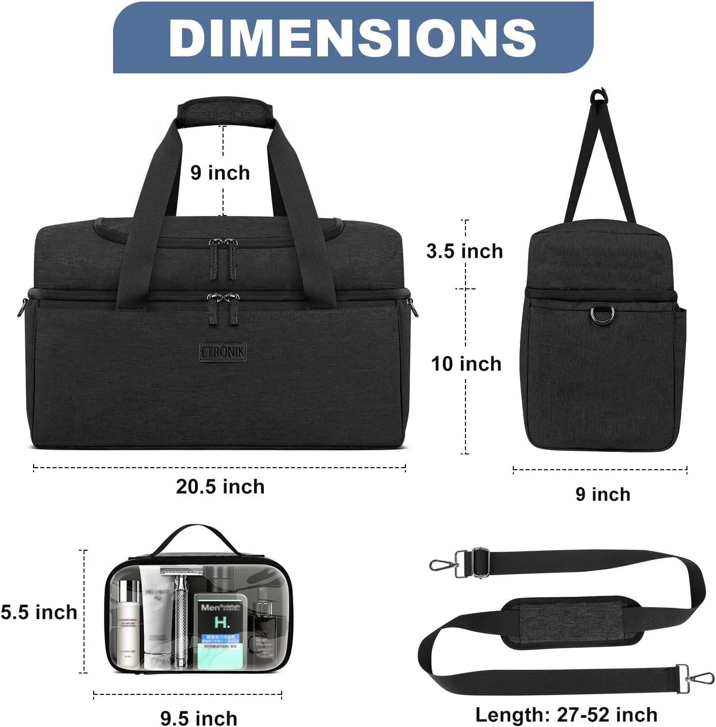 ETRONIK Travel Bag for Men Women - Carry On Duffle with Shoe Compartment, Toiletry Bag Included, Overnight Weekender in Black