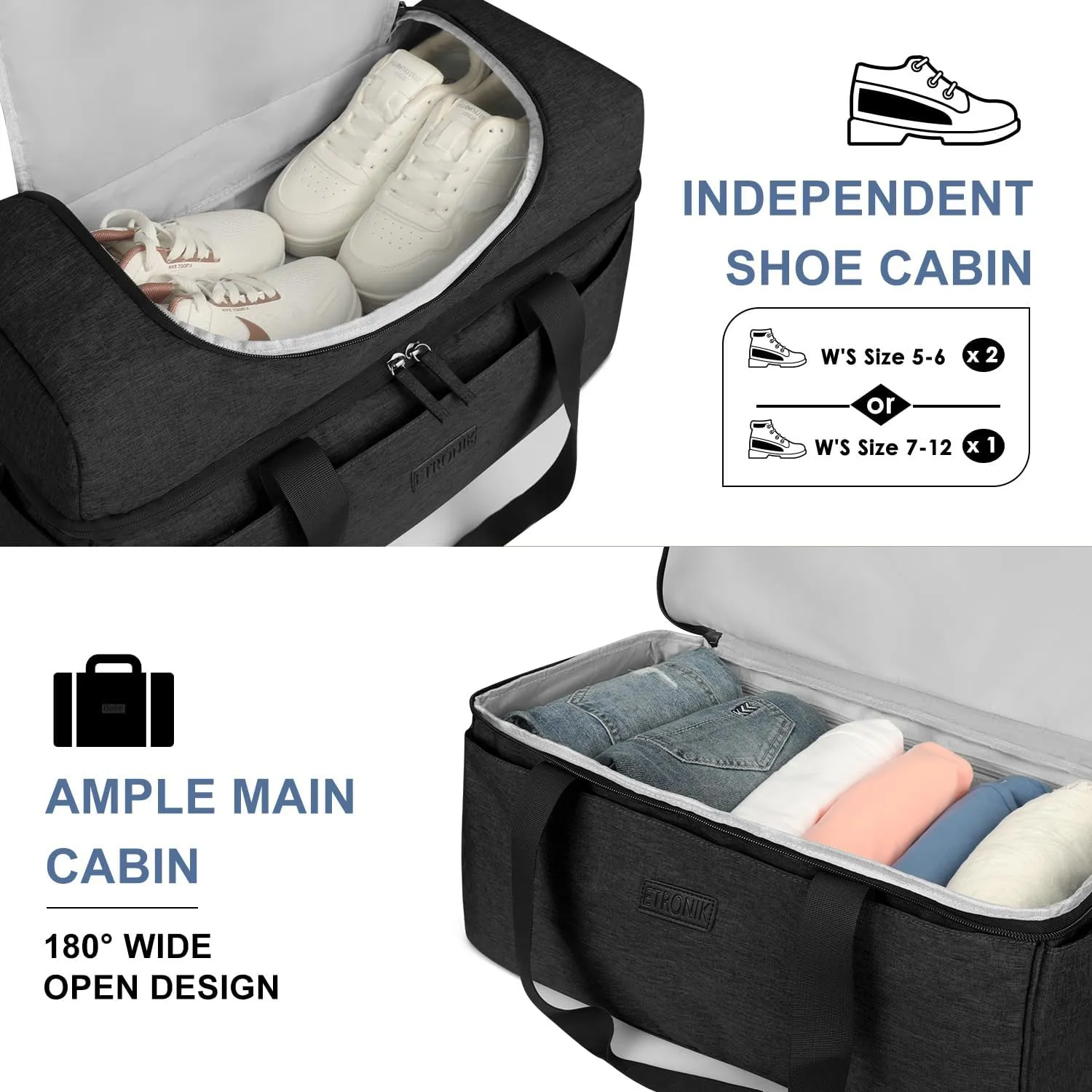 ETRONIK Travel Bag for Men Women - Carry On Duffle with Shoe Compartment, Toiletry Bag Included, Overnight Weekender in Black