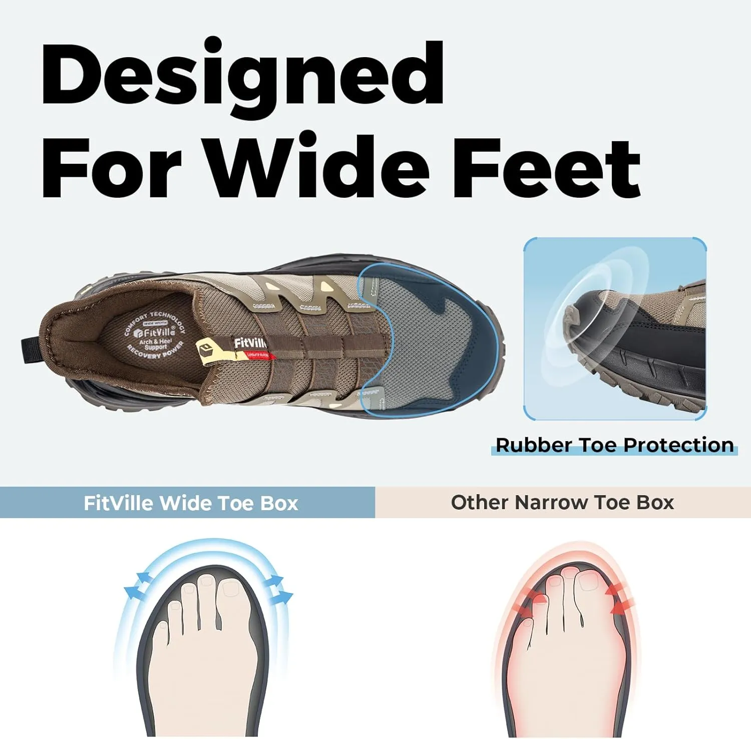 FitVille Men's Extra Wide Sneakers, Grey, Slip-On, Soft Comfortable, Arch Support, Wide Toe Box, Slip Resistant, Hiking, Walking, Running Shoes