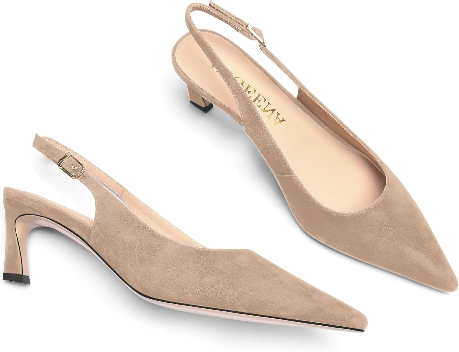 FOGEENA Womens Ankle Strap Night Club Pointed Toe Buckle Cute Suede Kitten Leather Low Heel Pumps Shoes 2 Inch