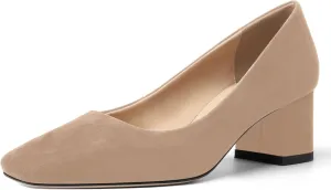 FOGEENA Womens Dress Comfortable Suede Leather Square Toe Slip On Wedding Chunky Low Heel Pumps Dress Shoes 2.2 Inch