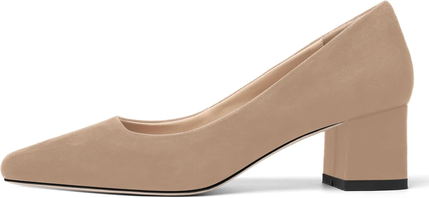 FOGEENA Womens Dress Comfortable Suede Leather Square Toe Slip On Wedding Chunky Low Heel Pumps Dress Shoes 2.2 Inch