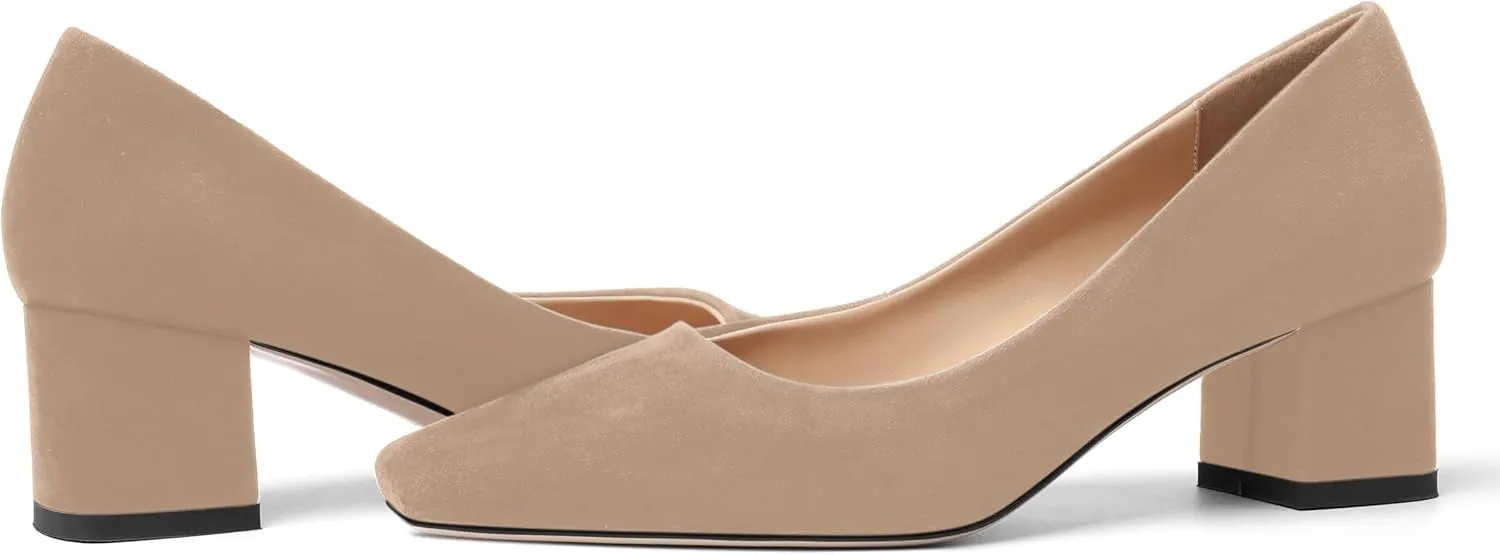 FOGEENA Womens Dress Comfortable Suede Leather Square Toe Slip On Wedding Chunky Low Heel Pumps Dress Shoes 2.2 Inch