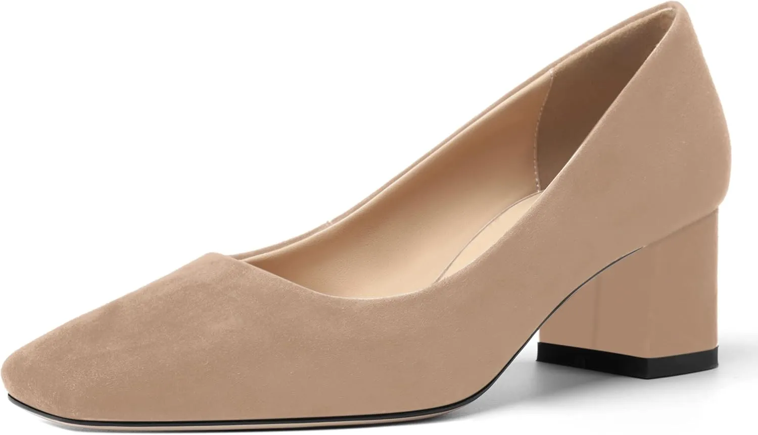FOGEENA Womens Dress Comfortable Suede Leather Square Toe Slip On Wedding Chunky Low Heel Pumps Dress Shoes 2.2 Inch