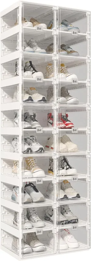 Foldable Shoe Rack,Shoe Organizers for Closet Plastic Shoe Storage Box Space Saving for Entryway, Large Sturdy Stackable Sneaker Cabinet Bins with Magnetic Clear Door 10 Tiers 20 Pairs