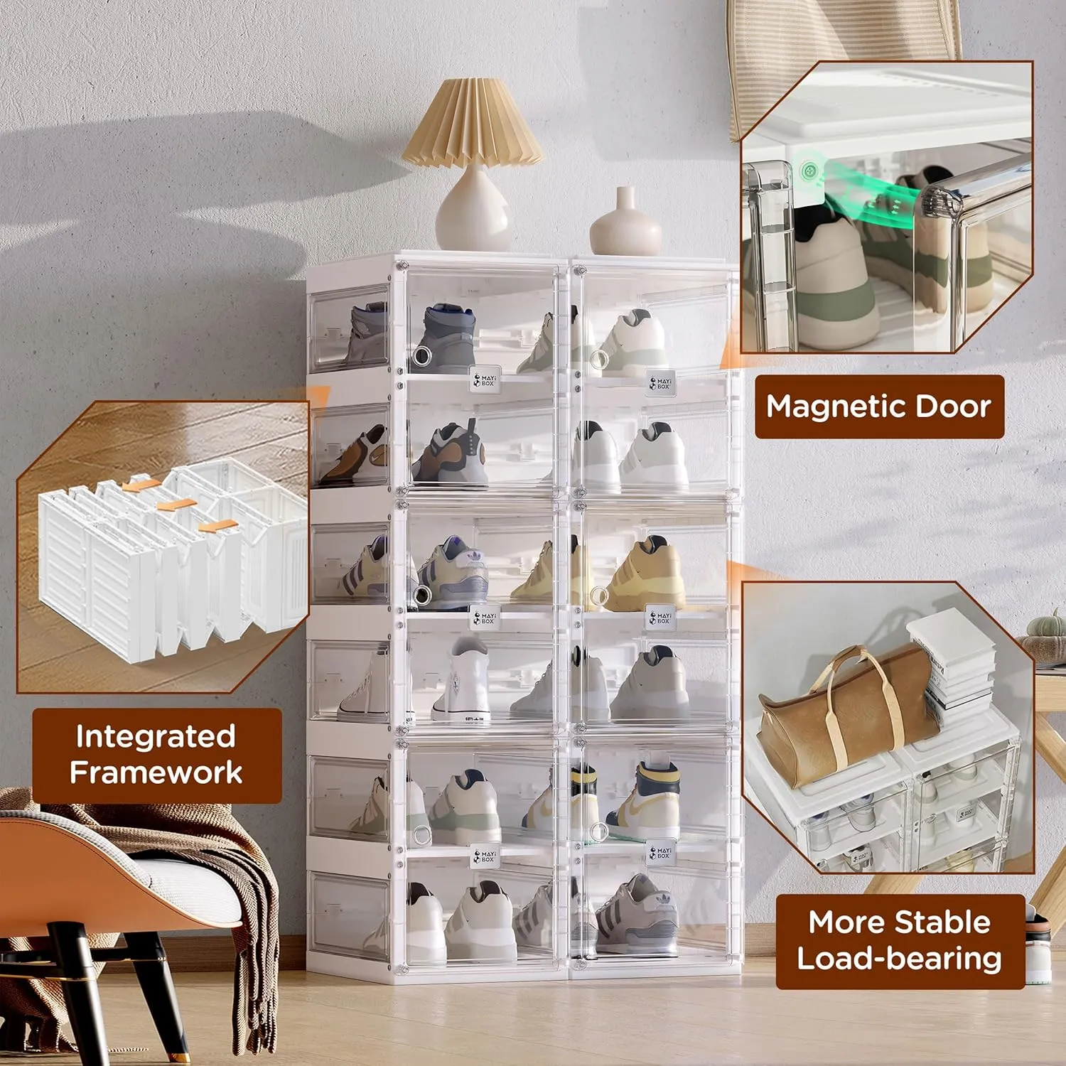 Foldable Shoe Rack,Shoe Organizers for Closet Plastic Shoe Storage Box Space Saving for Entryway, Large Sturdy Stackable Sneaker Cabinet Bins with Magnetic Clear Door 10 Tiers 20 Pairs