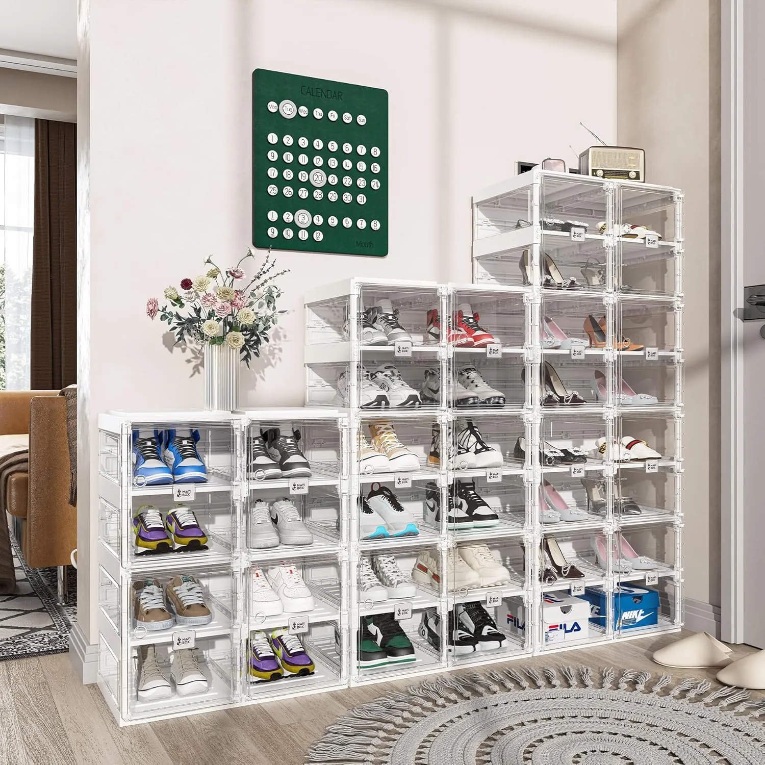 Foldable Shoe Rack,Shoe Organizers for Closet Plastic Shoe Storage Box Space Saving for Entryway, Large Sturdy Stackable Sneaker Cabinet Bins with Magnetic Clear Door 10 Tiers 20 Pairs