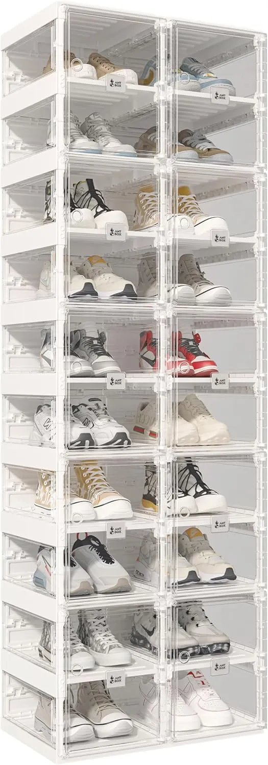 Foldable Shoe Rack,Shoe Organizers for Closet Plastic Shoe Storage Box Space Saving for Entryway, Large Sturdy Stackable Sneaker Cabinet Bins with Magnetic Clear Door 10 Tiers 20 Pairs