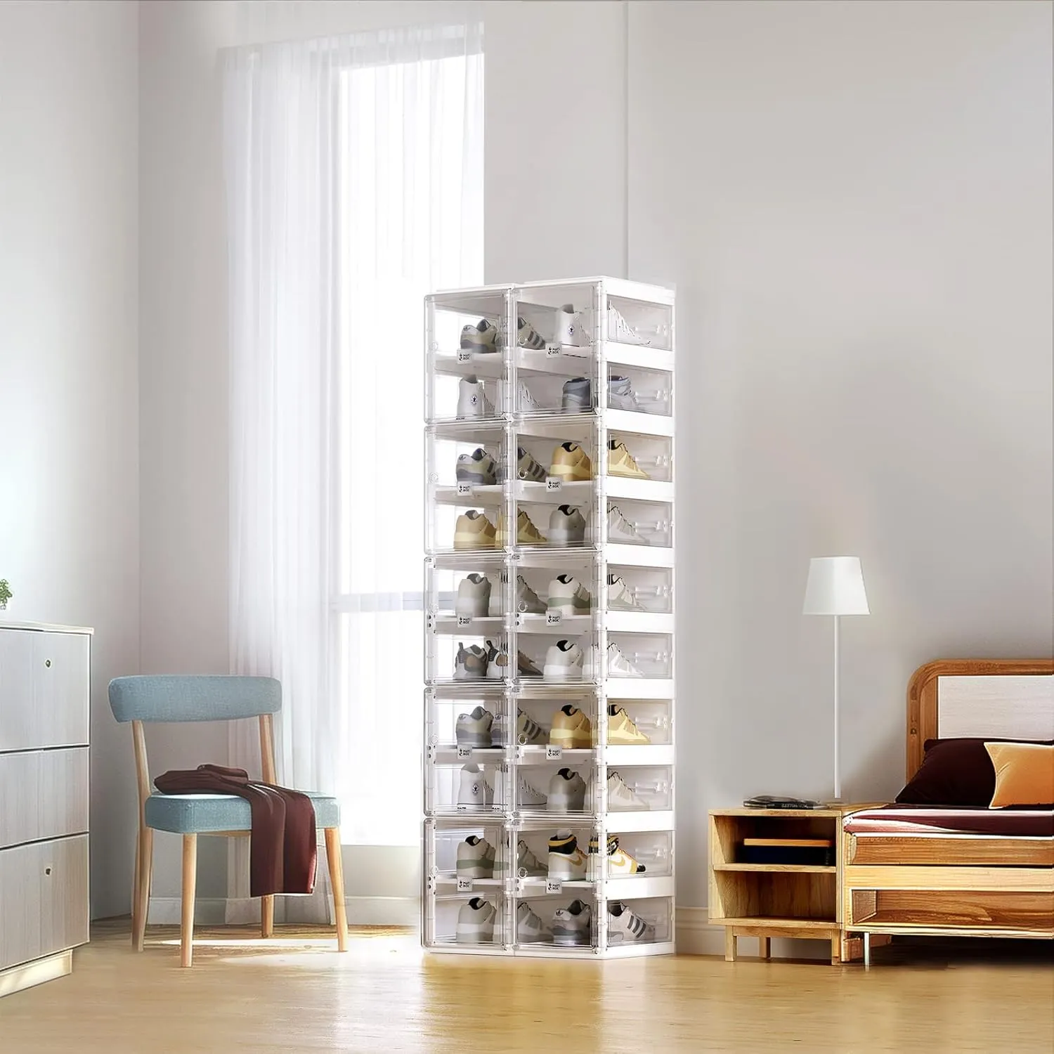Foldable Shoe Rack,Shoe Organizers for Closet Plastic Shoe Storage Box Space Saving for Entryway, Large Sturdy Stackable Sneaker Cabinet Bins with Magnetic Clear Door 10 Tiers 20 Pairs
