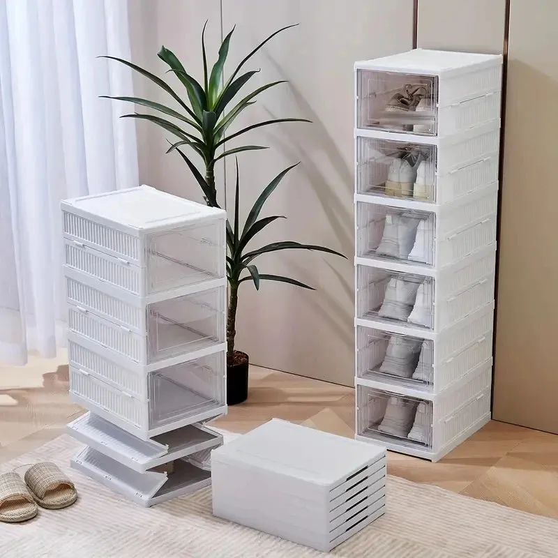 Folding Shoe Box 6 Layers 3 Layers Foldable Transparent Sneaker Shoe Storage Organizers Box Stackable Dustproof High-top Cabinet