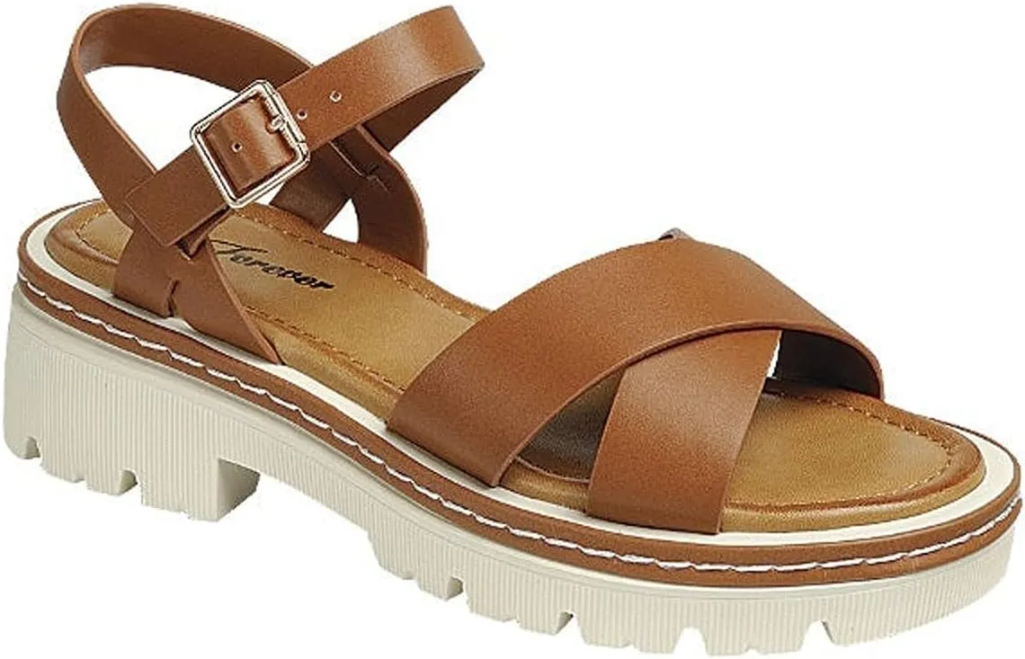 Forever Link Women's Chunky Heel Platform Sandals Lug Sole Open Toe with Buckle Ankle Strap, Black