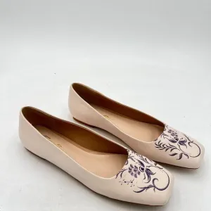 FOWT Women's Original Flower Pattern Soft Cream Leather Handmade Flats
