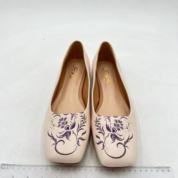 FOWT Women's Original Flower Pattern Soft Cream Leather Handmade Flats