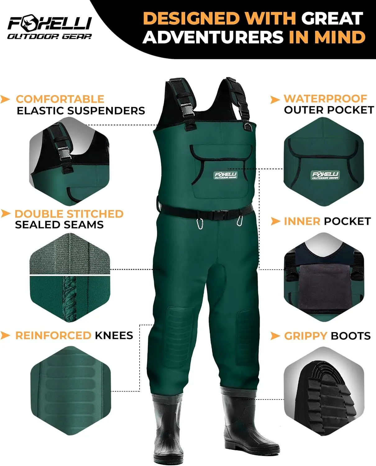 Foxelli Chest Waders, Waterproof 4mm Neoprene Hunting & Fishing Waders for Men & Women with Boots