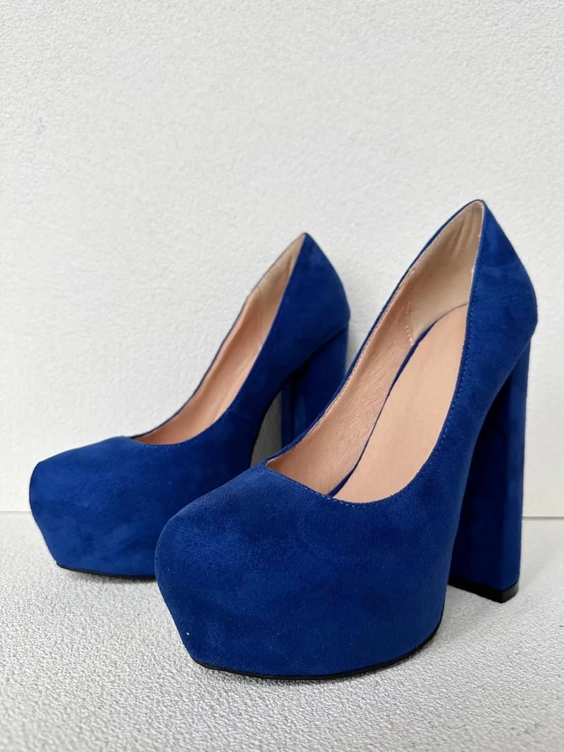 Frankie Hsu Ladies Sexy Platform Chunky Block High Heeled Pumps, Classic Royal Drak Blue Suede Basic Style, Big Large Size US4-19 Dressy Shoes for Women Men