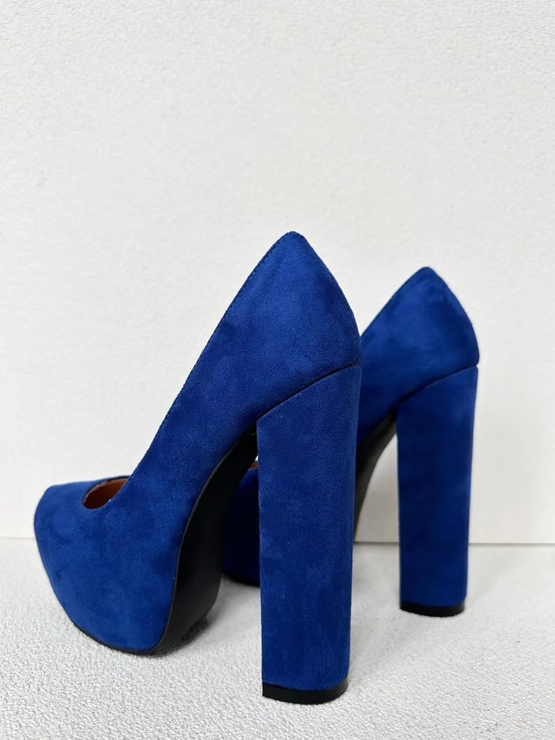 Frankie Hsu Ladies Sexy Platform Chunky Block High Heeled Pumps, Classic Royal Drak Blue Suede Basic Style, Big Large Size US4-19 Dressy Shoes for Women Men