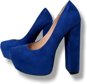 Frankie Hsu Ladies Sexy Platform Chunky Block High Heeled Pumps, Classic Royal Drak Blue Suede Basic Style, Big Large Size US4-19 Dressy Shoes for Women Men