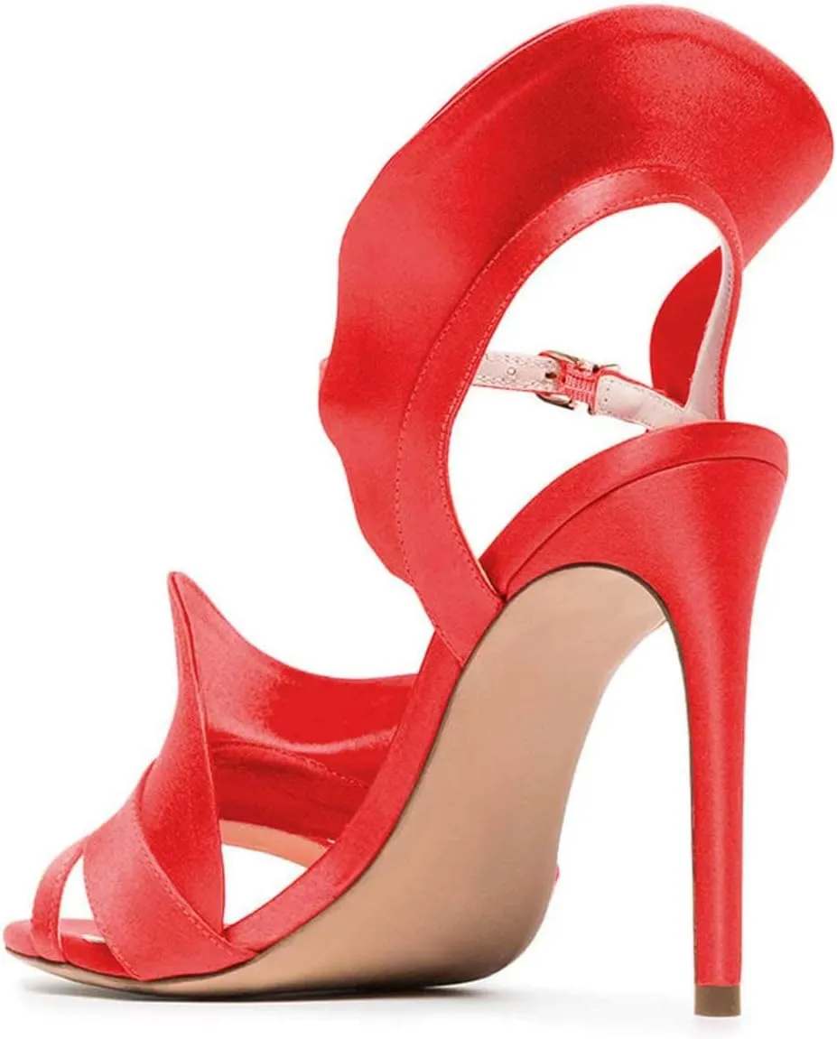 FSJ Women Dressy Open Toe Stiletto High Heel Ankle Strap Satin Sandal with Ruffle Size 4-15 US