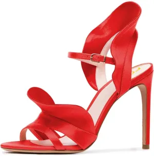 FSJ Women Dressy Open Toe Stiletto High Heel Ankle Strap Satin Sandal with Ruffle Size 4-15 US
