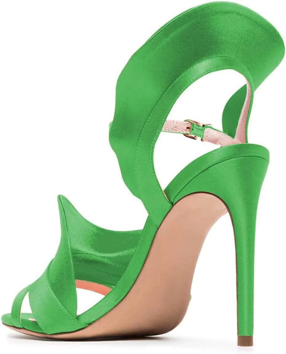 FSJ Women Dressy Open Toe Stiletto High Heel Ankle Strap Satin Sandal with Ruffle Size 4-15 US
