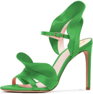 FSJ Women Dressy Open Toe Stiletto High Heel Ankle Strap Satin Sandal with Ruffle Size 4-15 US