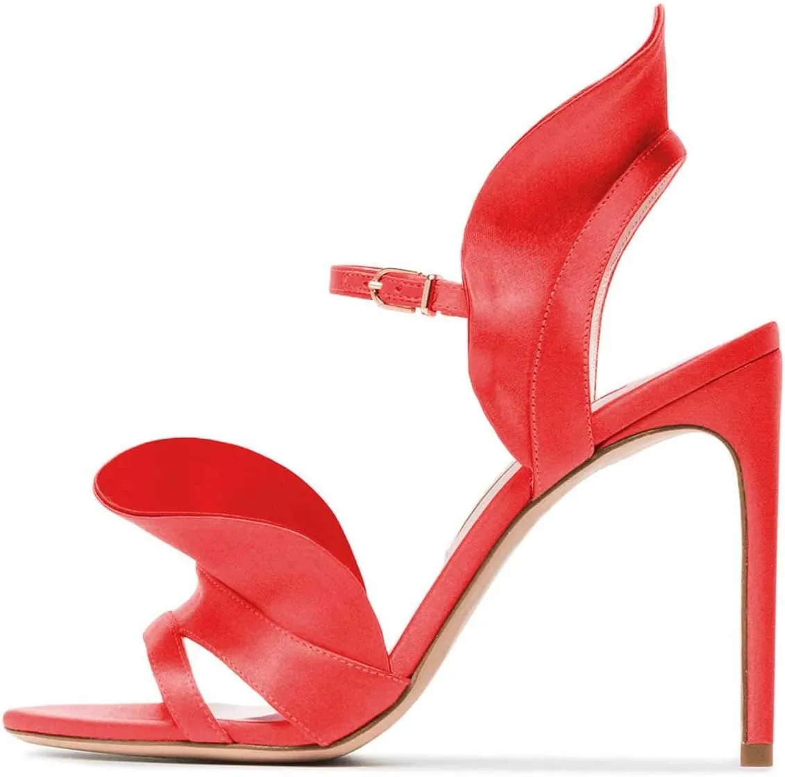 FSJ Women Dressy Open Toe Stiletto High Heel Ankle Strap Satin Sandal with Ruffle Size 4-15 US