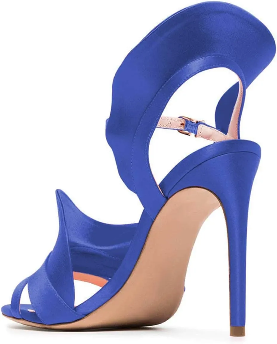 FSJ Women Dressy Open Toe Stiletto High Heel Ankle Strap Satin Sandal with Ruffle Size 4-15 US