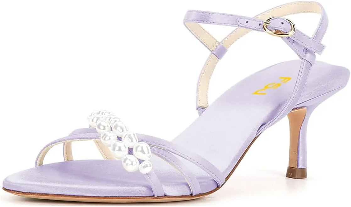 FSJ Women Pearl Mid Heel Sandals Open Toe Strappy Sexy Stilettos Ankle Strap Prom Party Daily Wear Shoes Size 4-16 US