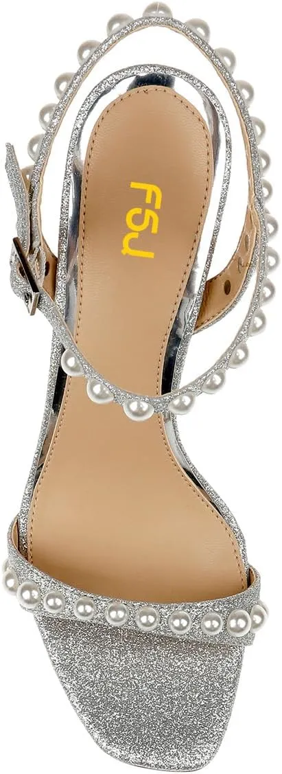 FSJ Women Square Open Toe Strappy Sandals Pearl Studded Ankle Strap Stiletto High Heel Slingback Dating Evening Dress Shoes Size 4-16 US