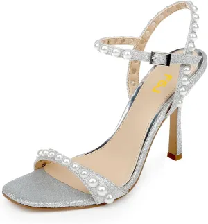 FSJ Women Square Open Toe Strappy Sandals Pearl Studded Ankle Strap Stiletto High Heel Slingback Dating Evening Dress Shoes Size 4-16 US