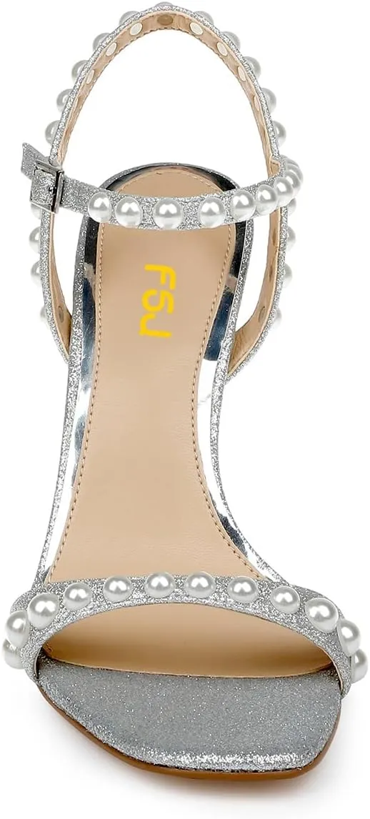FSJ Women Square Open Toe Strappy Sandals Pearl Studded Ankle Strap Stiletto High Heel Slingback Dating Evening Dress Shoes Size 4-16 US