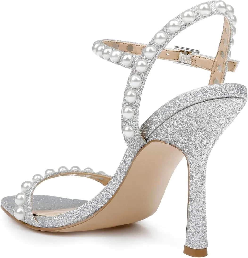 FSJ Women Square Open Toe Strappy Sandals Pearl Studded Ankle Strap Stiletto High Heel Slingback Dating Evening Dress Shoes Size 4-16 US