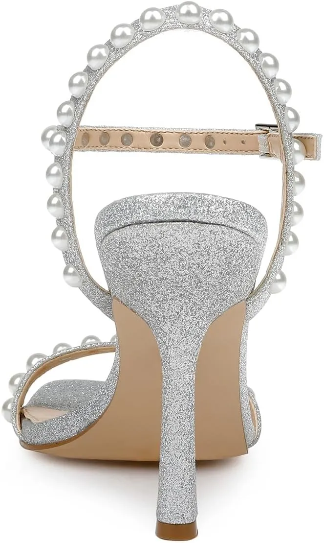 FSJ Women Square Open Toe Strappy Sandals Pearl Studded Ankle Strap Stiletto High Heel Slingback Dating Evening Dress Shoes Size 4-16 US