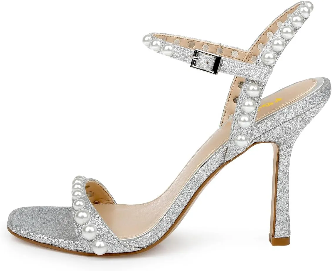 FSJ Women Square Open Toe Strappy Sandals Pearl Studded Ankle Strap Stiletto High Heel Slingback Dating Evening Dress Shoes Size 4-16 US