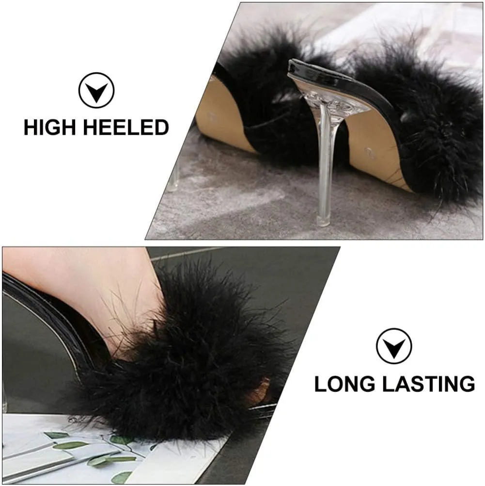 Fur Slippers Open Toe Crystal High Heels Pointed Slides Transparent Heel Sandals Girls Fluffy House Slides Outdoor Dress Sandal 1 Pair